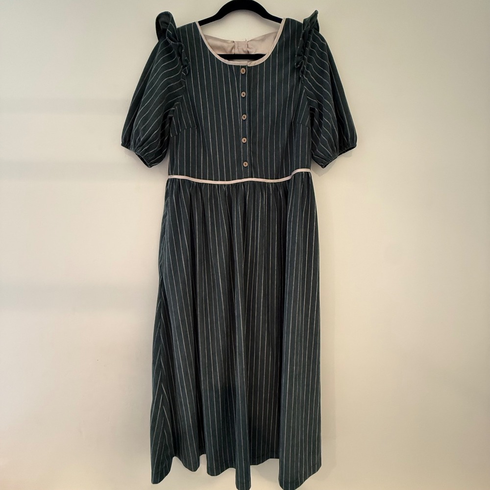 Vintage Style Corduroy Pinstripe Midi Dress Green Puff Sleeve Double Bow Back
